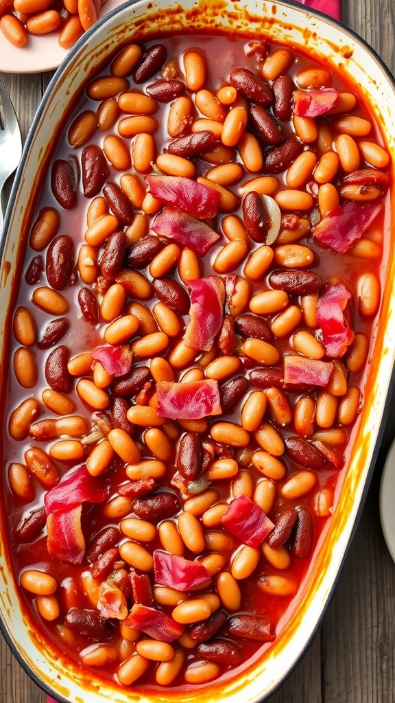 A casserole of baked beans with bacon and a rich sauce, served on a rustic wooden table.